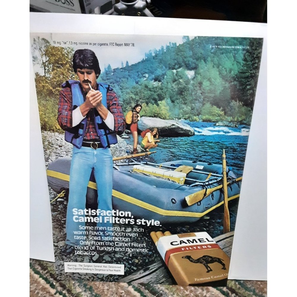 Camel Cigarettes Man Smoking Raft Girl Hikers 1979 Original Magazine Print Ad